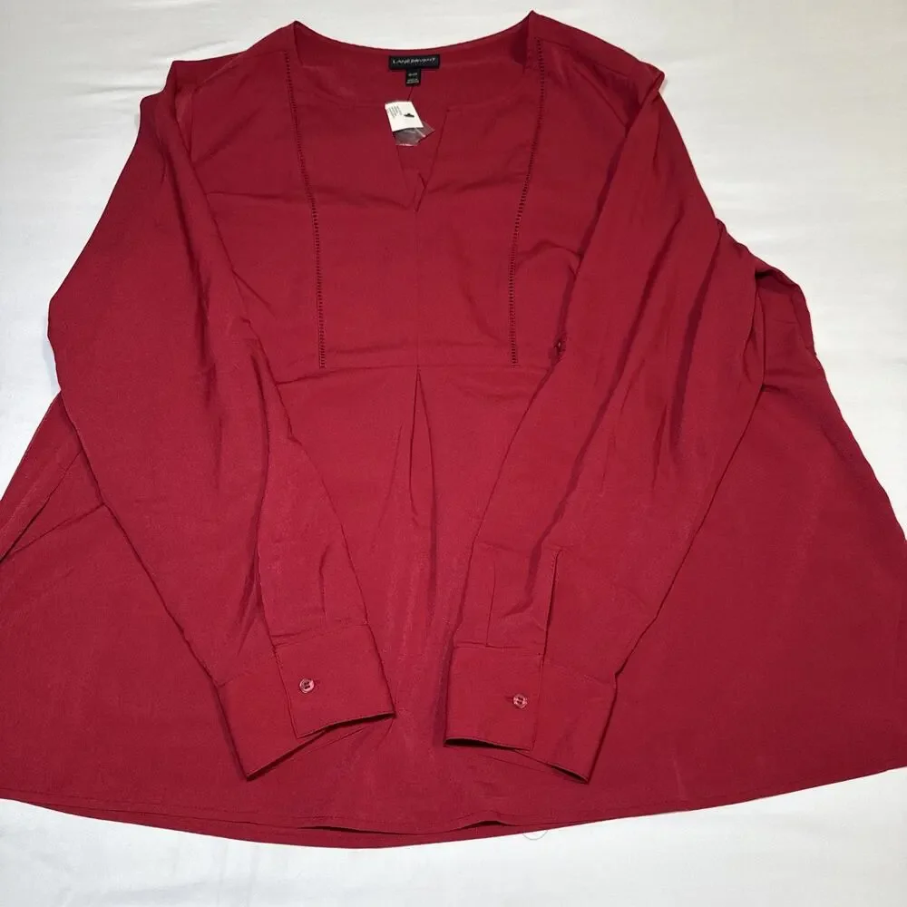 Lane Bryant Blouse Womens 18/20 Maroon Shirt Long Sleeve Embroidered Eyelet NWT